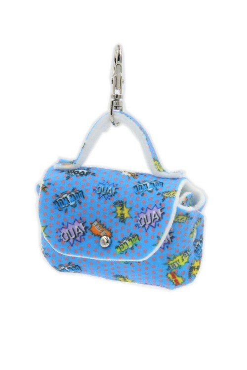 2. Blue graffiti dog waste bag dispenser with comic motifs and durable snap hook, displayed against a white background.