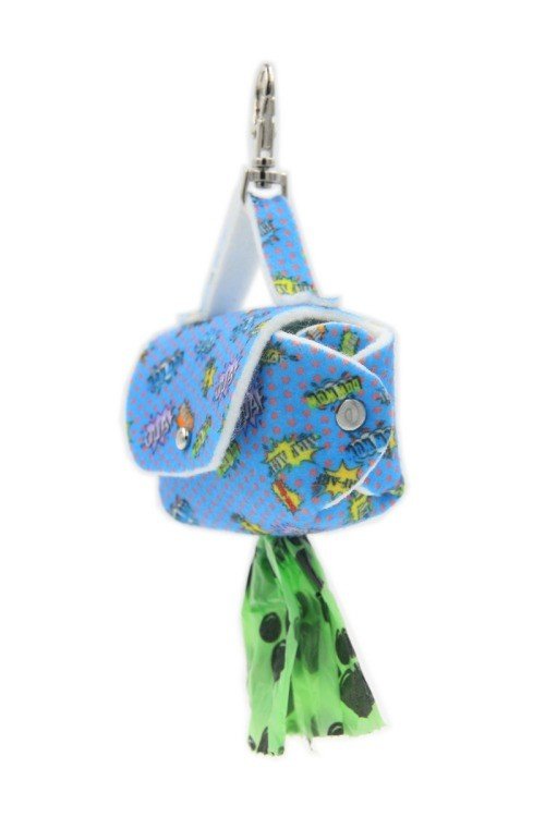 3. Side view of blue graffiti dog waste bag dispenser with comic motifs, showing green bag emerging from metal eyelet.