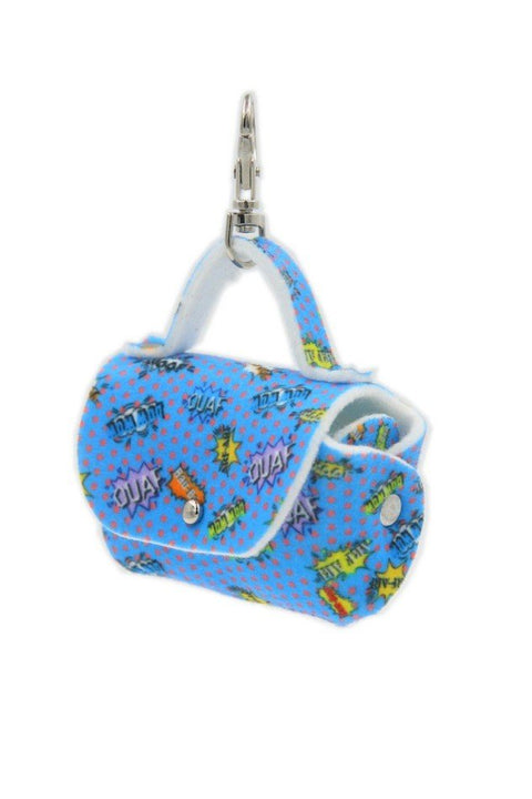 5. Blue graffiti dog waste bag dispenser with comic motifs and snap hook, shown from side angle.