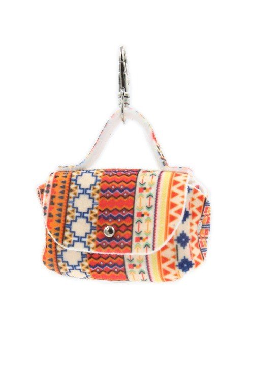 6. Boho dog waste bag dispenser with vibrant geometric design, shown with snap hook for easy attachment