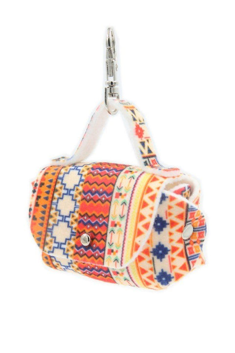 3. Side view of boho dog waste bag dispenser with colorful pattern and durable snap hook for easy attachment