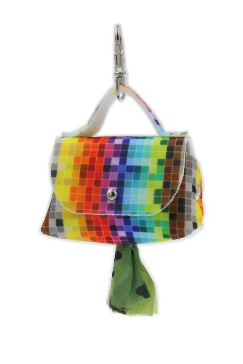 6. Front view of dog waste bag dispenser with colorful pixel pattern, featuring a green bag emerging from the bottom.