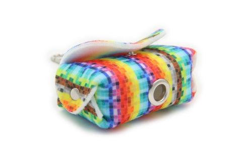 4. Close-up of dog waste bag dispenser with colorful pixel print, highlighting the metal eyelet for bag dispensing.