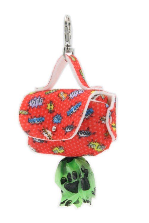 2. Red graffiti-patterned dog waste bag dispenser with green bag hanging from metal snap hook