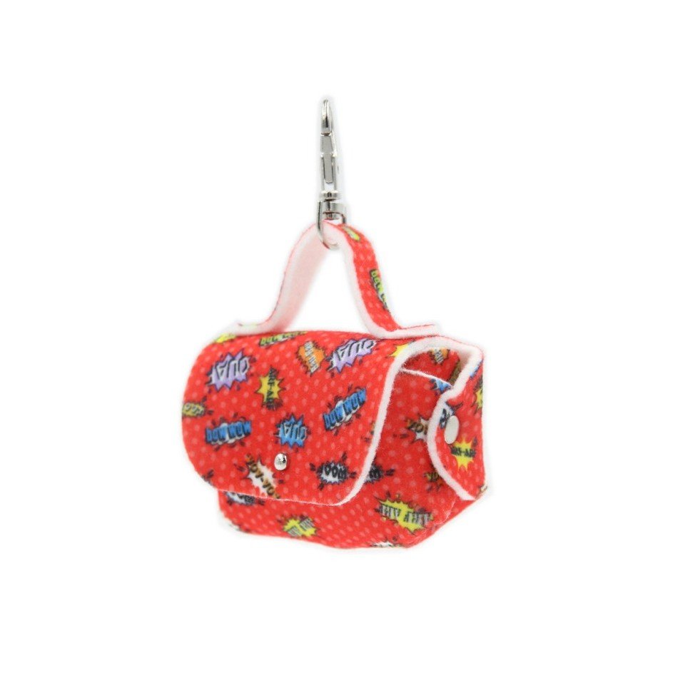 3. Red graffiti-patterned dog waste bag dispenser with metal snap hook, shown without bag