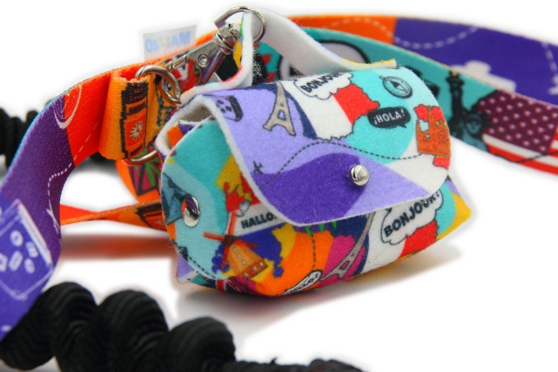 6. Matteo dog waste bag dispenser with colorful design, shown with matching leash and metal eyelet