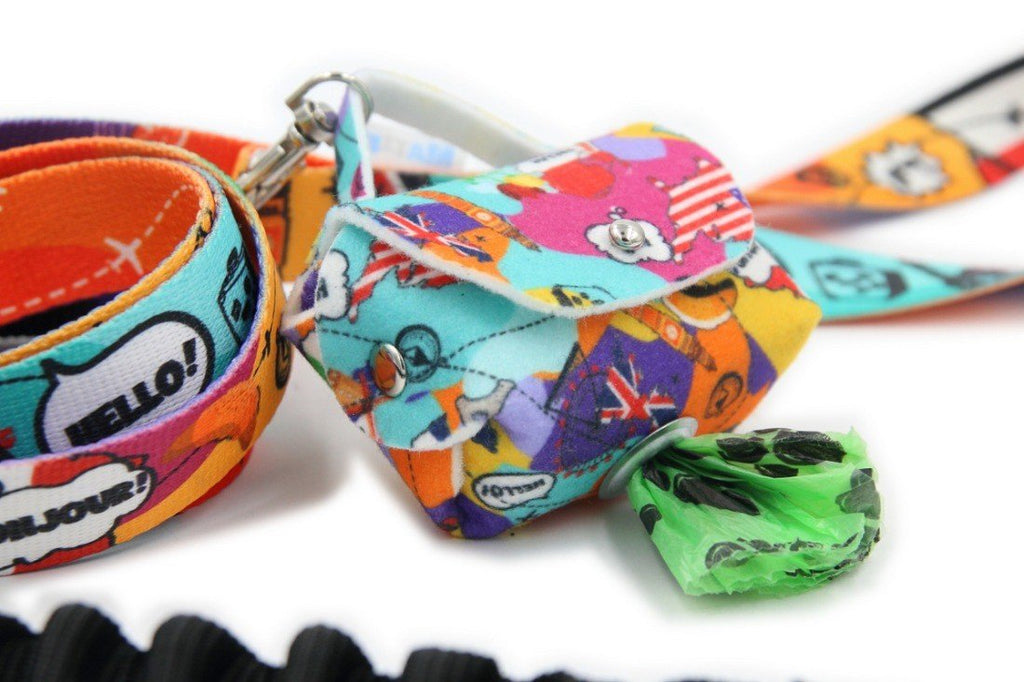 1. Colorful Matteo dog waste bag dispenser with matching leash, featuring vibrant cartoon motifs and a metal eyelet for easy bag access