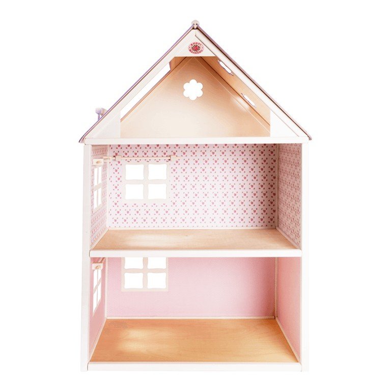 1. Front view of two-storey wooden dollhouse with white and pink walls, red roof, and floral wallpaper interior