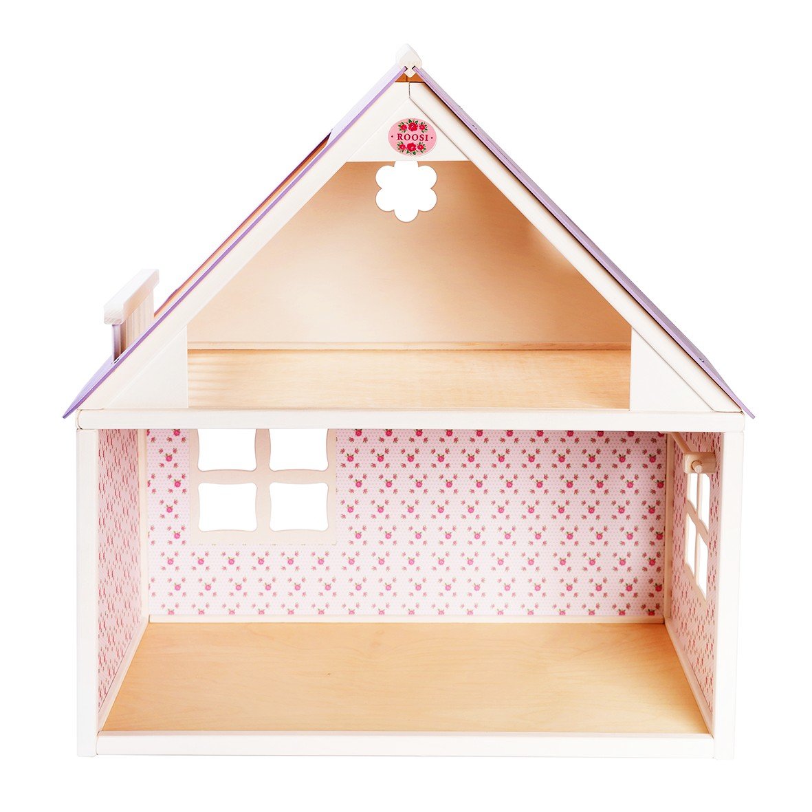 1. Handmade wooden dollhouse with white walls and lilac roof, featuring floral wallpaper interior, by ROOSI Traditional Toys, shown in studio setting