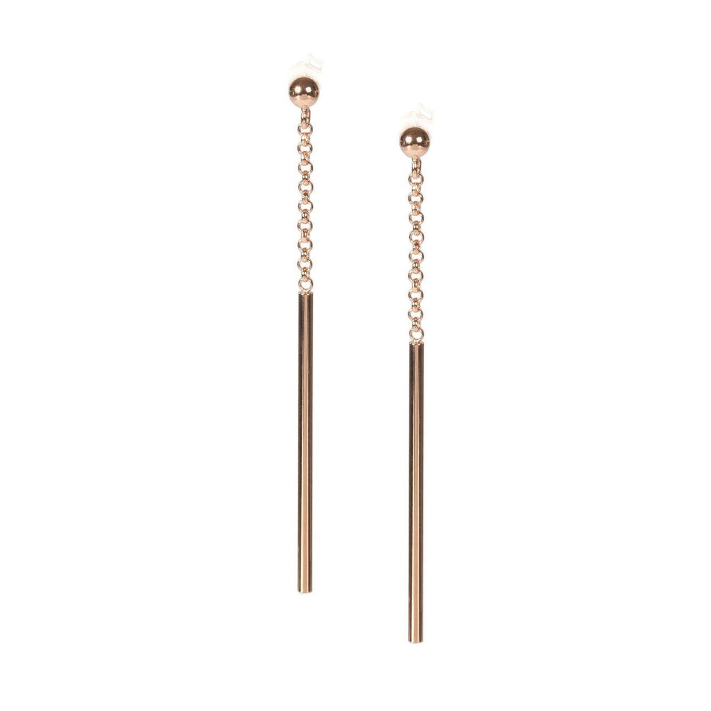 2. MyaMoon Dots Fixed Earrings in rose gold, showcasing elegant long design with fixed dot detail, displayed in studio setting