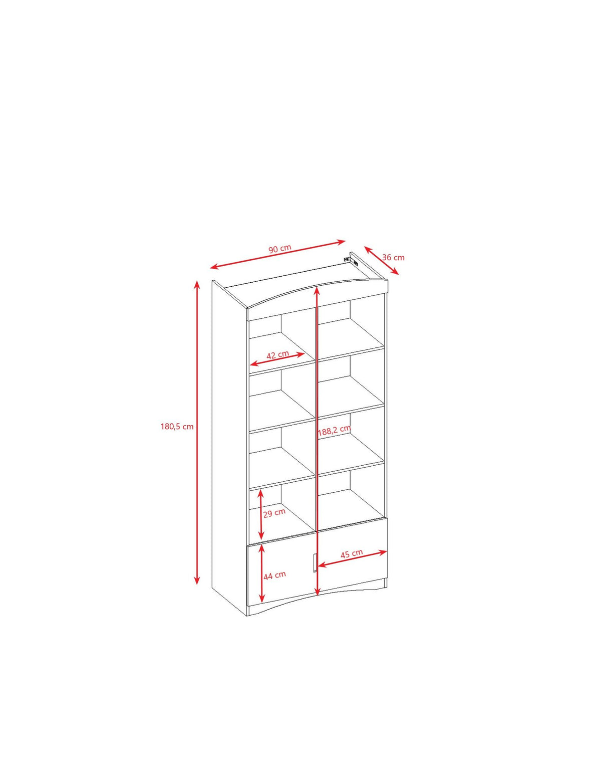 5. Size chart for Kocot Kids Julia double bookshelf showing dimensions in centimeters
