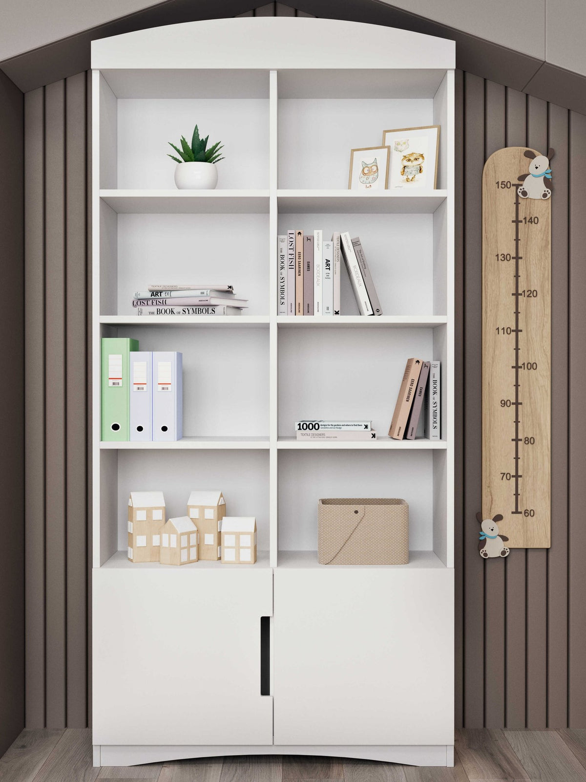 1. White double bookshelf in children's room with books and decor, next to a height chart on the wall