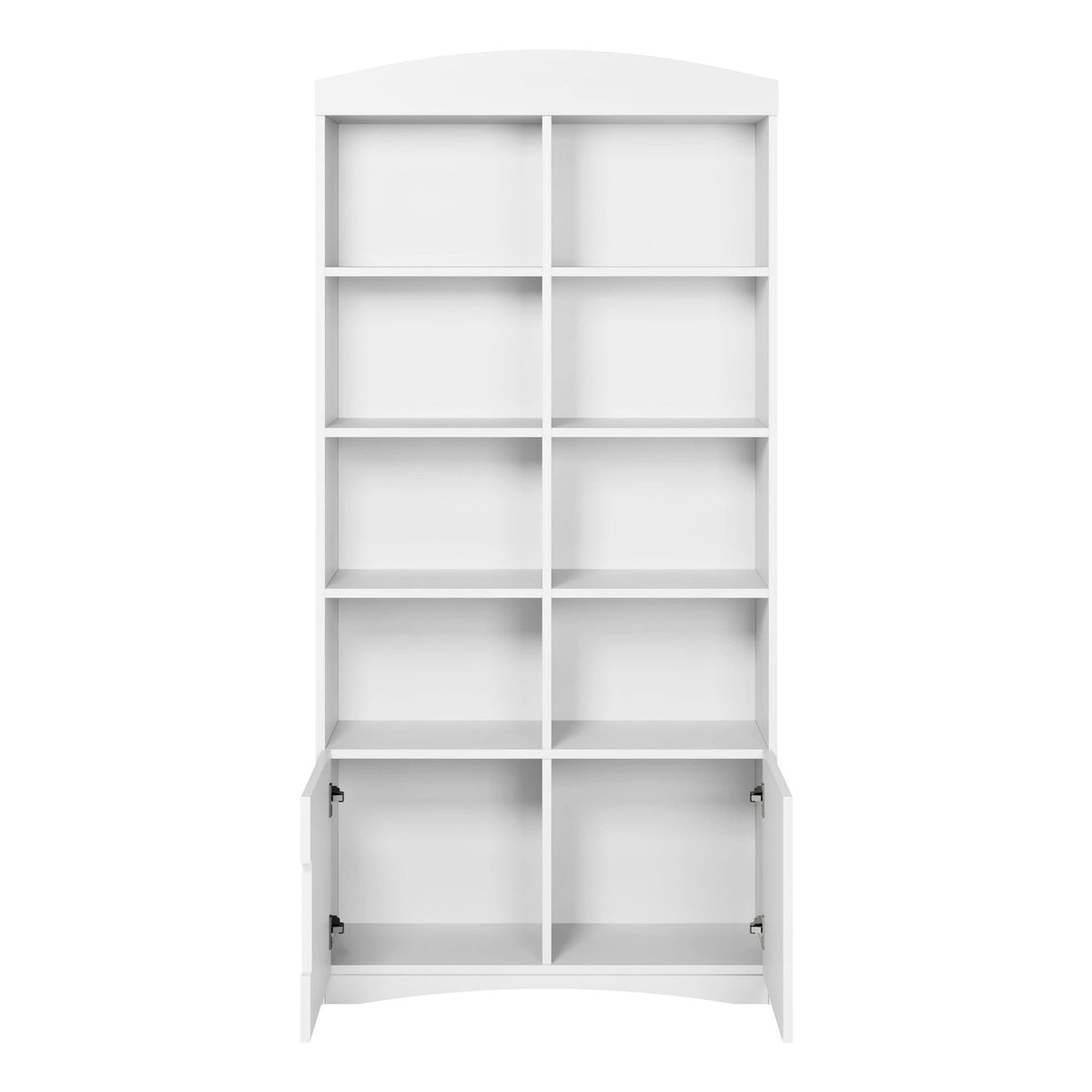 3. White double bookshelf with open doors revealing interior shelves, shown from front in studio setting