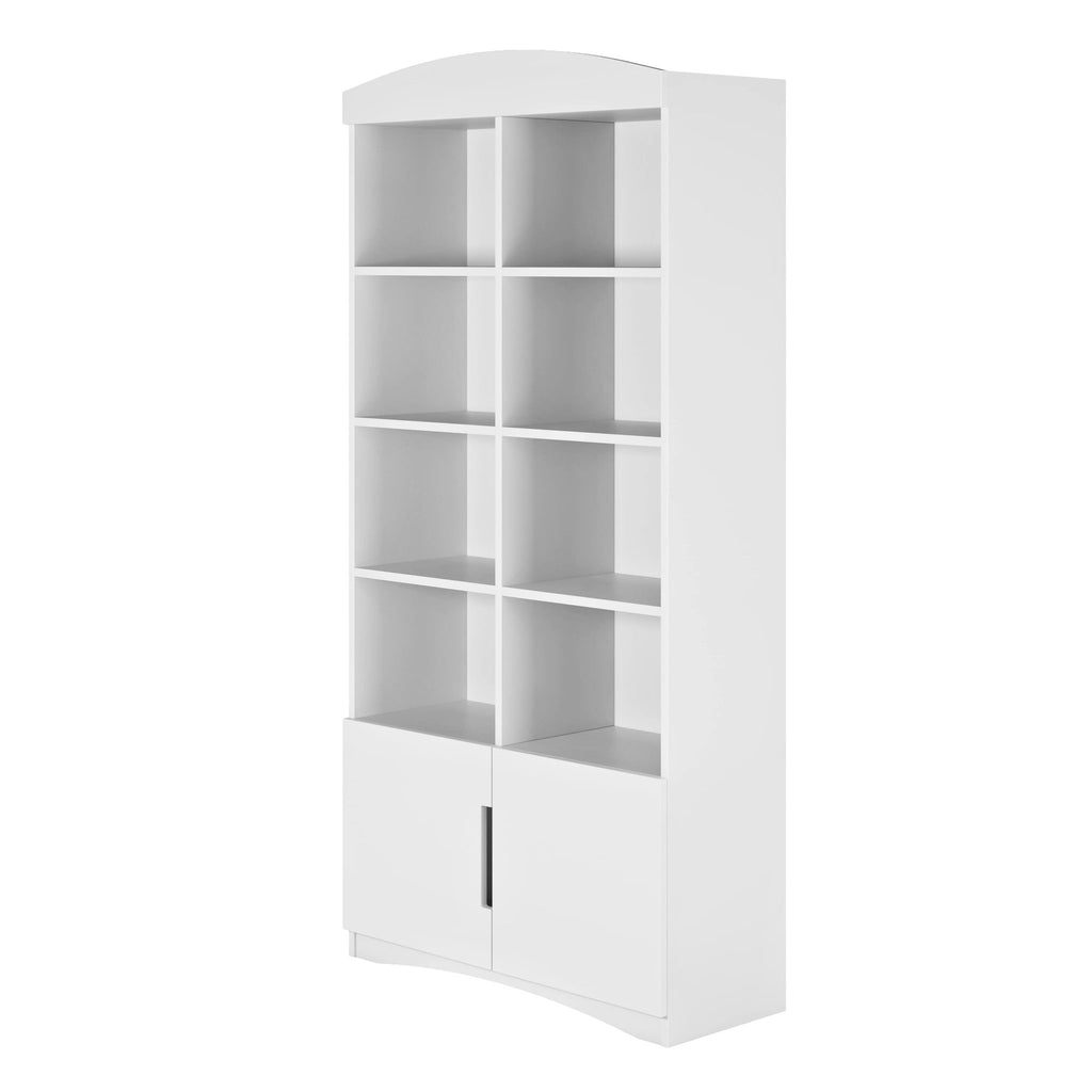 2. White double bookshelf with eight open shelves and one closed shelf, shown from side angle in studio setting