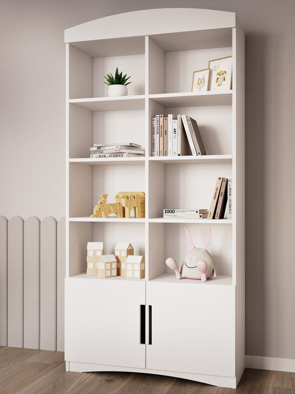1. White Kocot Kids Julia double bookshelf in children's room with books, toys, and decor items on shelves