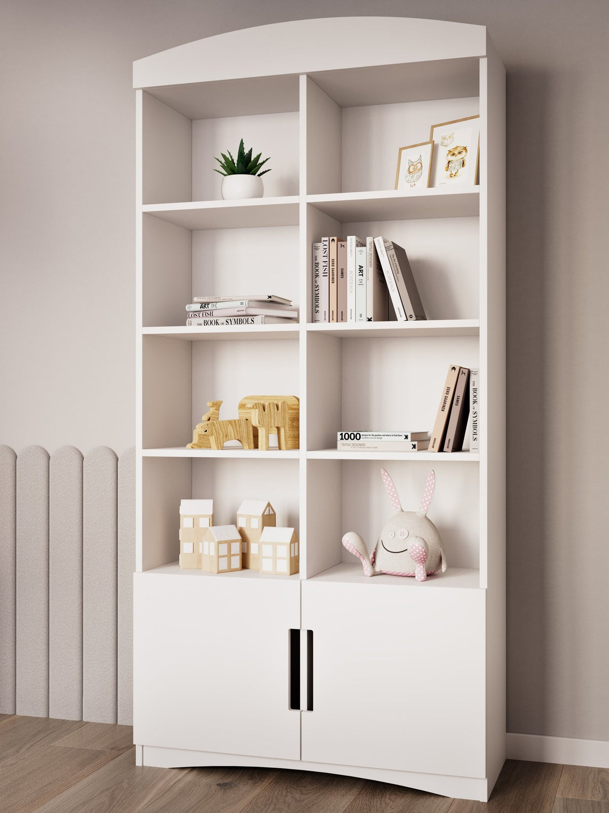 1. White Kocot Kids Julia double bookshelf in children's room with books, toys, and decor items on shelves