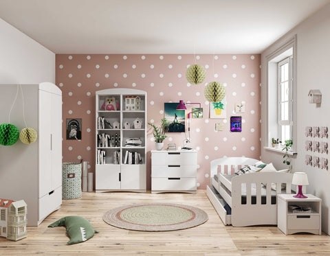 1. White double bookshelf in a playful children's room with polka dot wallpaper and colorful decor