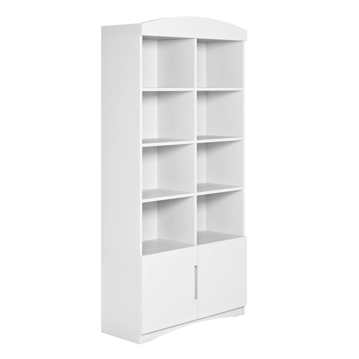 2. Side view of white Kocot Kids Julia double bookshelf with eight open shelves and one closed shelf, studio setting