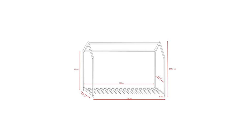 5. Size chart for house-shaped children's bed showing dimensions in centimeters