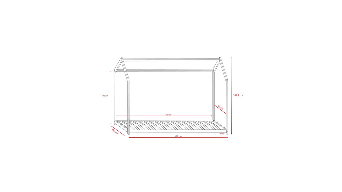 5. Size chart for Kocot Kids Bella house bed showing dimensions in centimeters