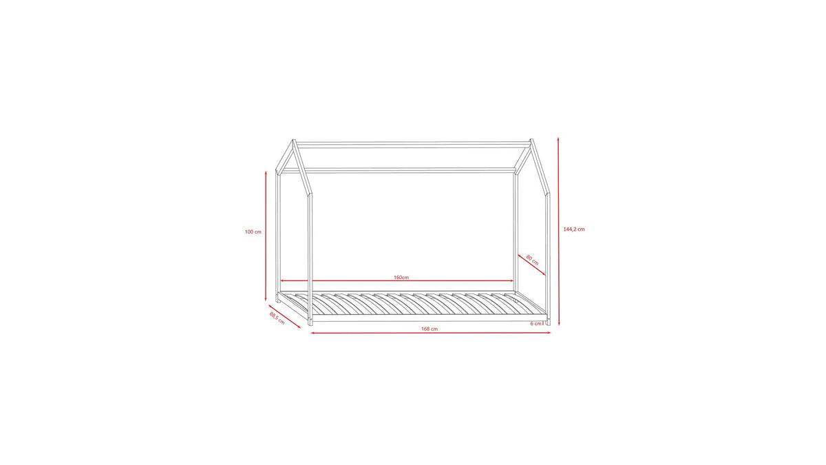 5. Size chart for house-shaped children's bed showing dimensions in centimeters