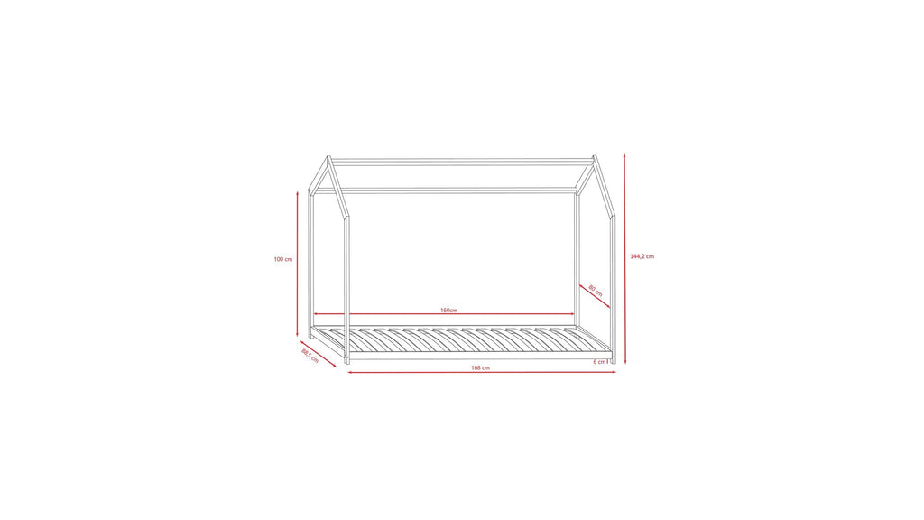 5. Size chart for Kocot Kids Bella house bed showing dimensions in centimeters