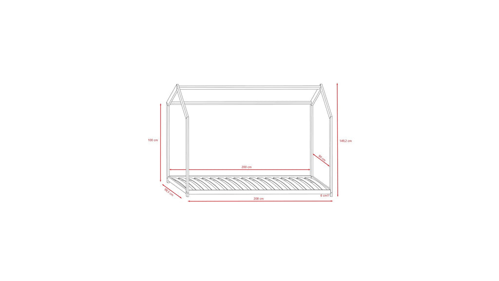 5. Size chart for house-shaped children's bed showing dimensions in centimeters
