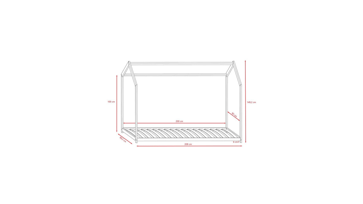 5. Size chart for Kocot Kids Bella house bed showing dimensions in centimeters
