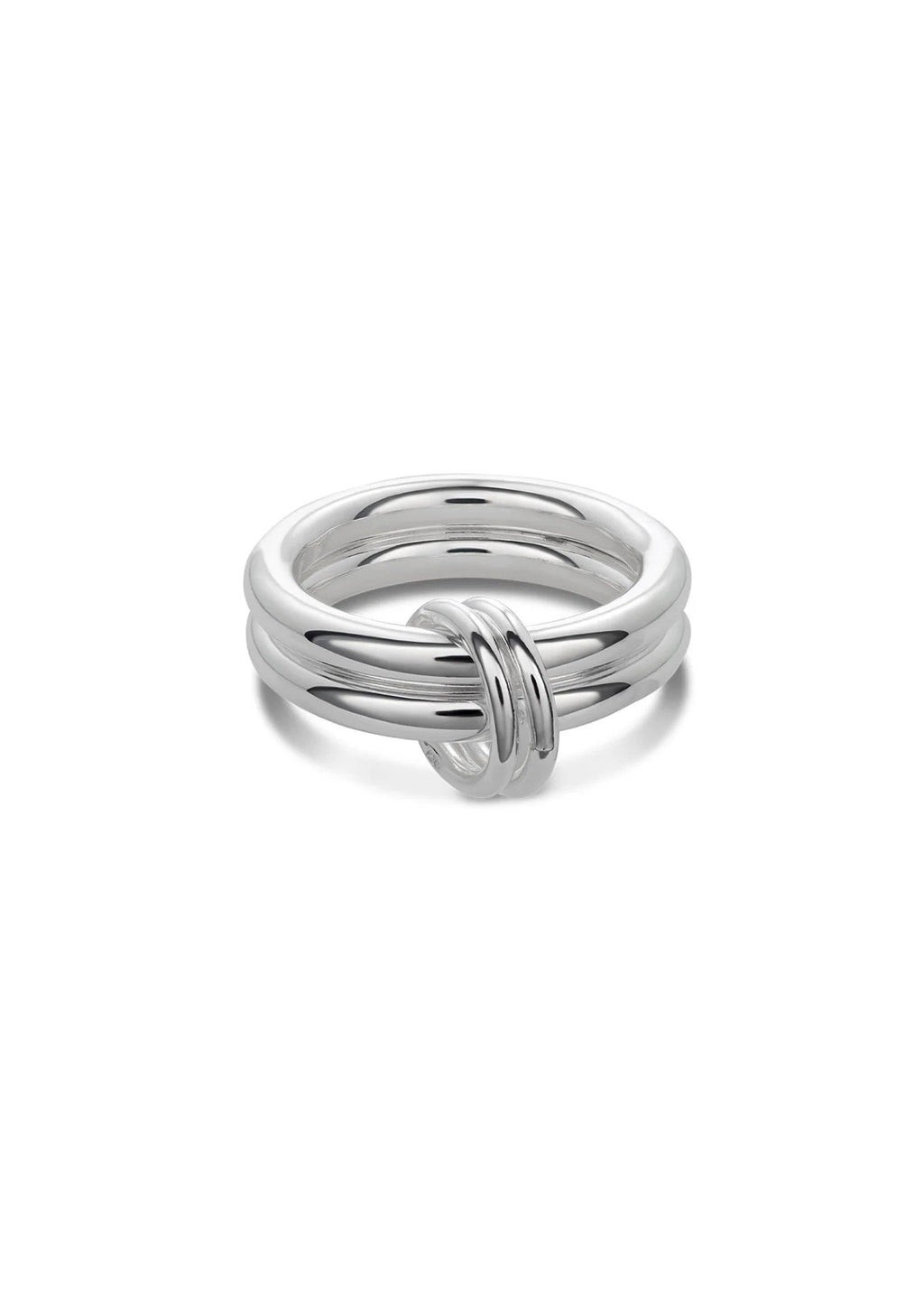 6. Studio image of NO MORE double ring in silver, showing stacked design