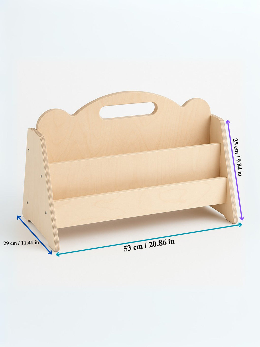 5. Size chart for Montessori double-sided wooden book display showing dimensions in centimeters and inches