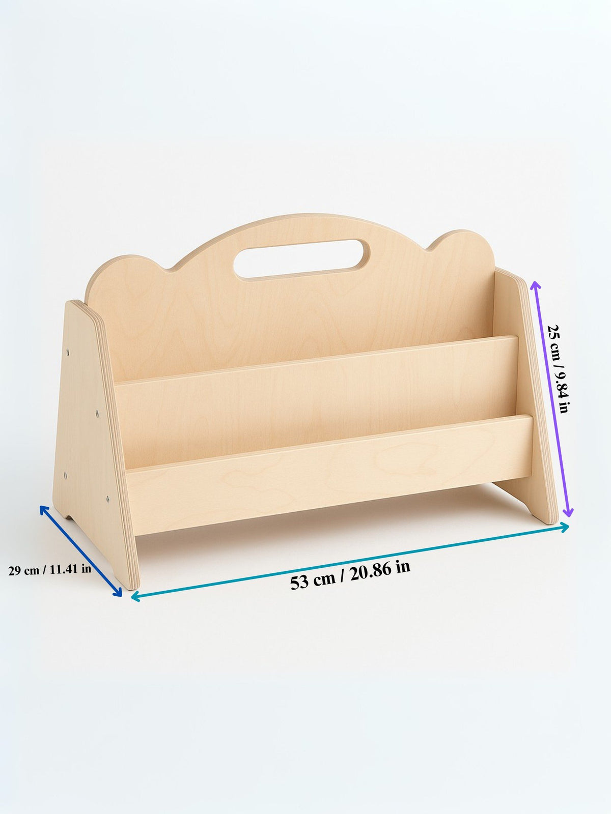 5. Size chart for Montessori double-sided wooden book display showing dimensions in centimeters and inches