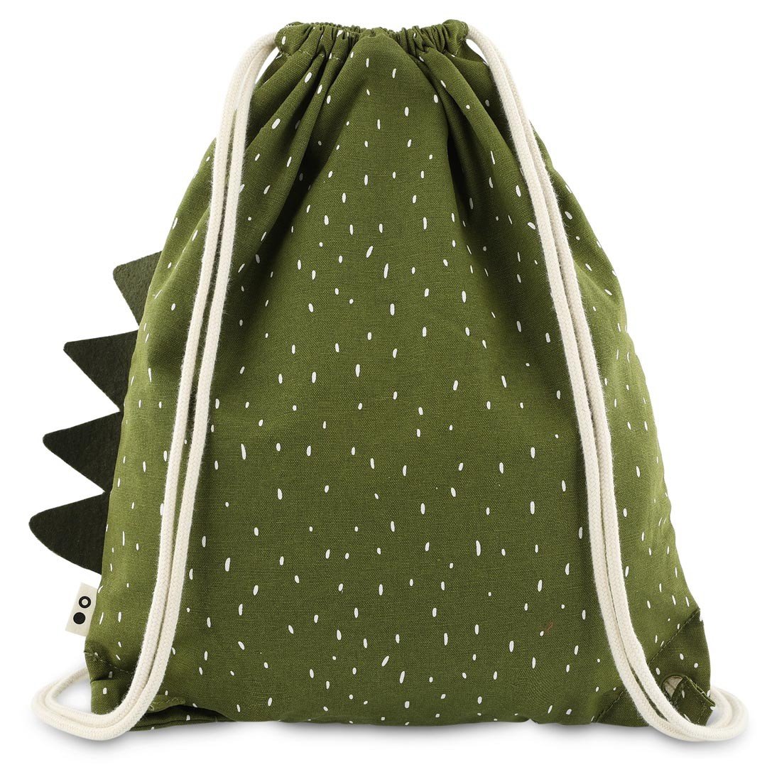 3. Back view of green drawstring bag with white speckles and dinosaur spikes