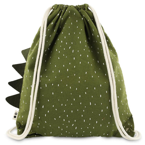 3. Back view of green drawstring bag with white speckles and dinosaur spikes