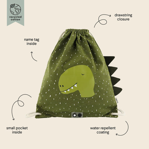 4. Green drawstring bag with labeled features including name tag, small pocket, and water-repellent coating