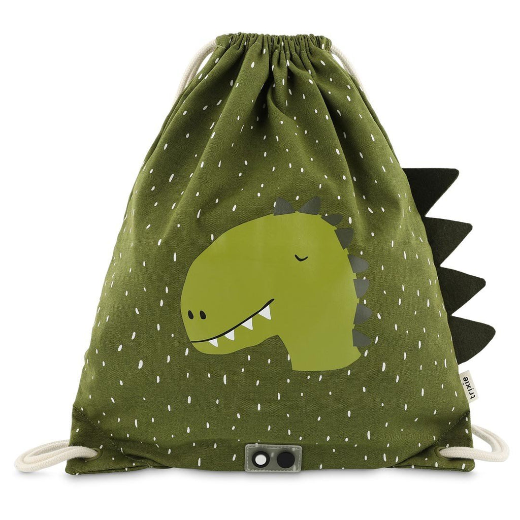 2. Green drawstring bag with dinosaur print and floppy ears on white background