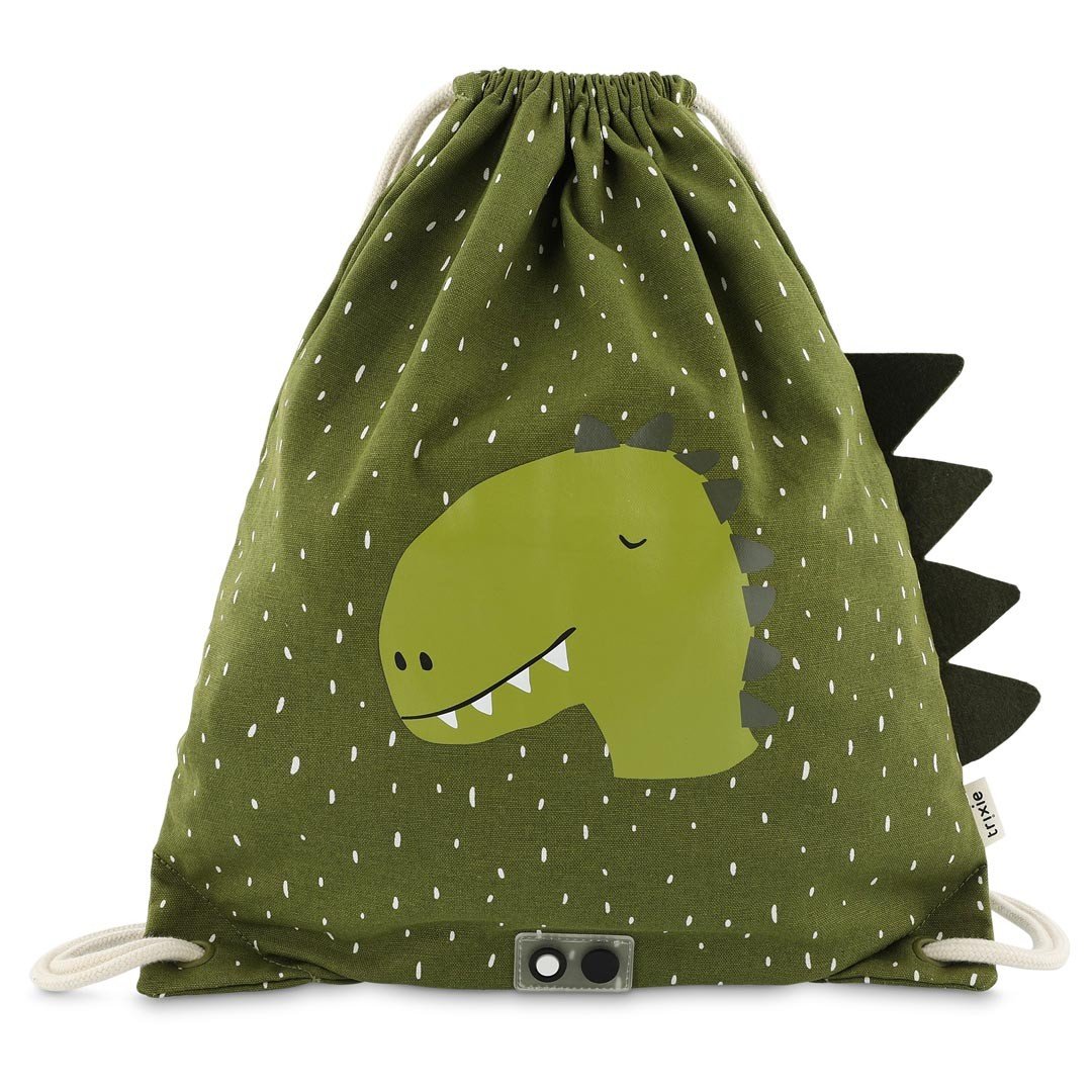 2. Green drawstring bag with dinosaur print and floppy ears on white background