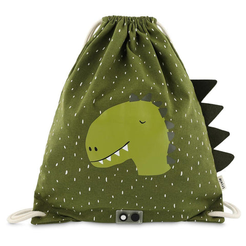2. Green drawstring bag with dinosaur print and floppy ears on white background