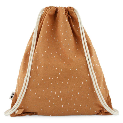 2. Back view of Trixie Baby Mr. Fox drawstring bag with orange fabric and white drawstrings in studio setting
