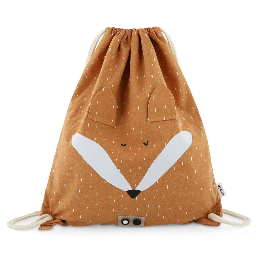 1. Trixie Baby Mr. Fox drawstring bag with fox face design and floppy ears on orange fabric, shown in studio setting