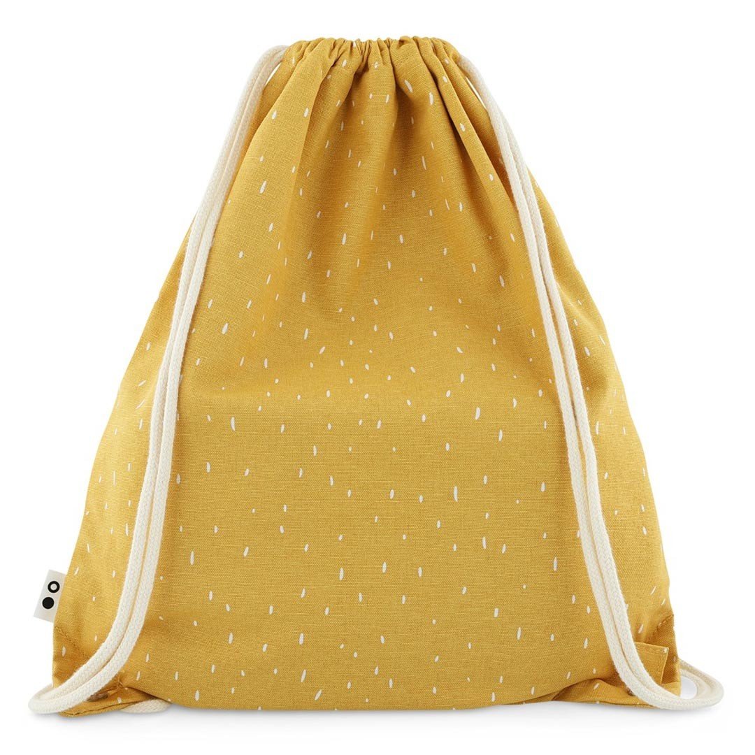 2. Back view of yellow Mr. Lion drawstring bag with white drawstrings on clean white background