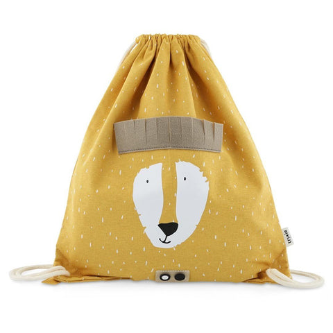 2. Yellow Mr. Lion drawstring bag with lion face and floppy ears on clean white background