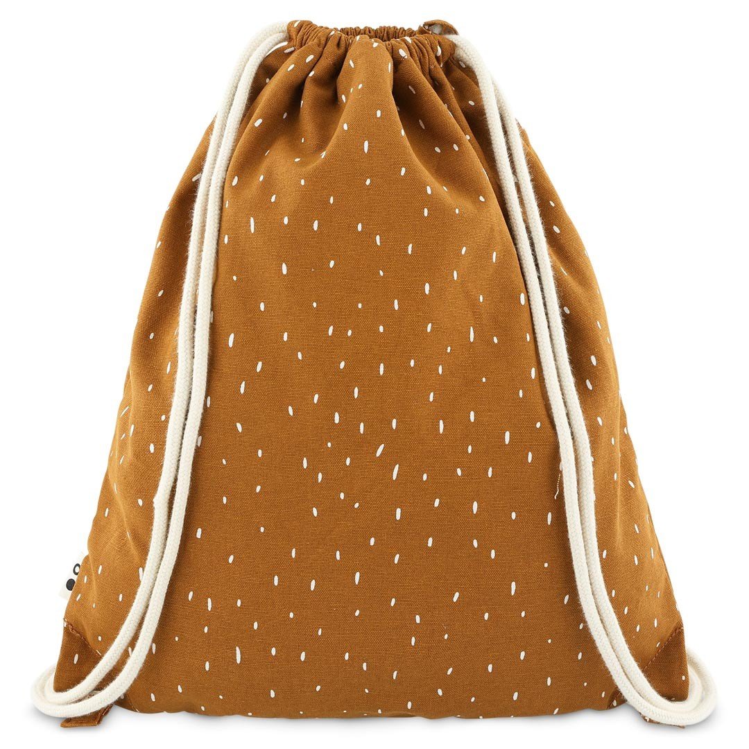 3. Back view of Trixie Baby Mr. Tiger drawstring bag showing white drawstrings and brown fabric with white speckles