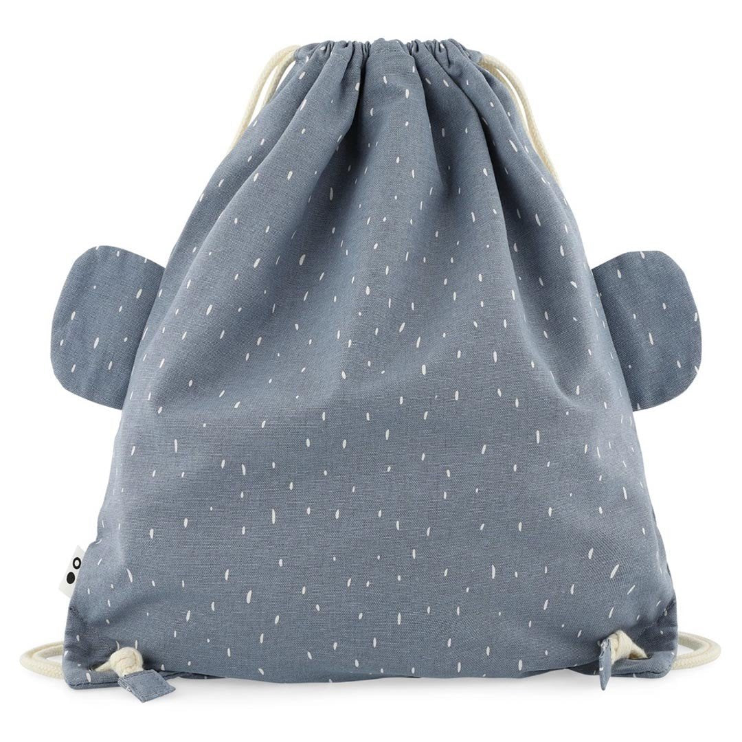 3. Back view of Trixie Baby Mrs. Elephant drawstring bag showing blue fabric with white speckles and floppy ears