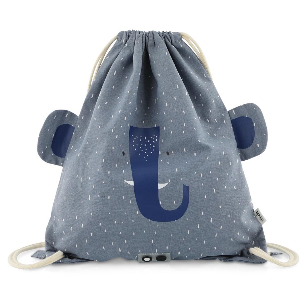 1. Trixie Baby Mrs. Elephant drawstring bag with playful floppy ears and elephant face design on blue fabric
