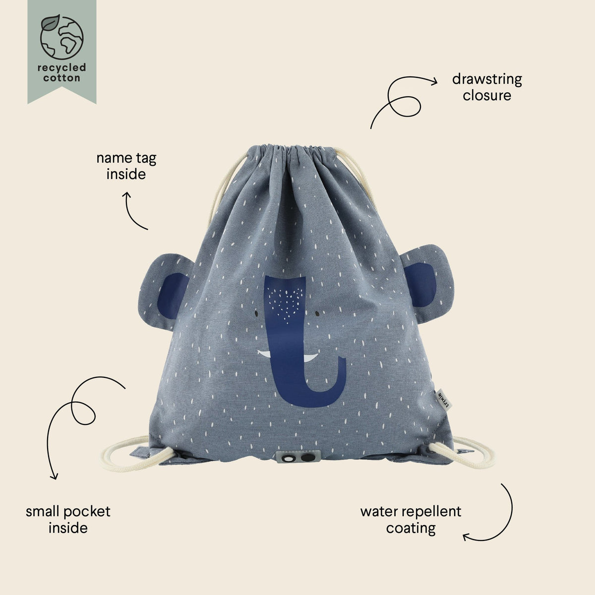 2. Trixie Baby Mrs. Elephant drawstring bag with labeled features including name tag, small pocket, and water repellent coating