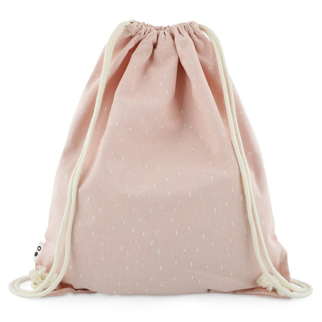 3. Back view of pink drawstring bag with white strings in studio setting