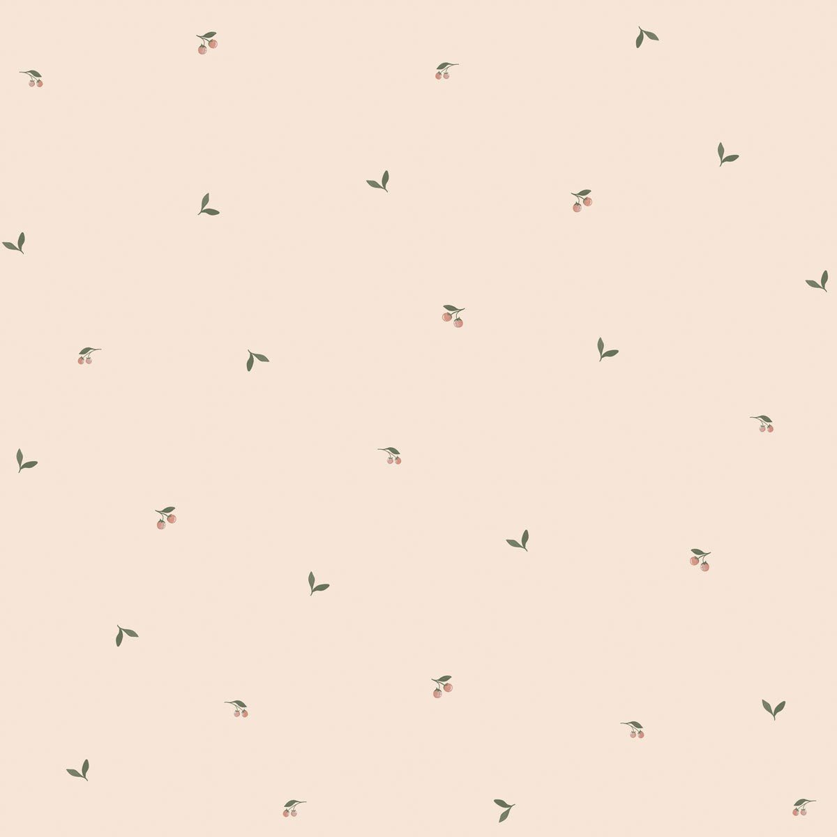 1. Dekornik Dreamy Leaves Wallpaper featuring tiny leaves and fruits on a peach-beige background, creating a warm, vintage look. Made from durable matte paper, suitable for home decor.