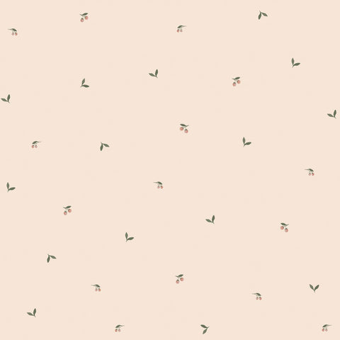 1. Dekornik Dreamy Leaves Wallpaper featuring tiny leaves and fruits on a peach-beige background, creating a warm, vintage look. Made from durable matte paper, suitable for home decor.