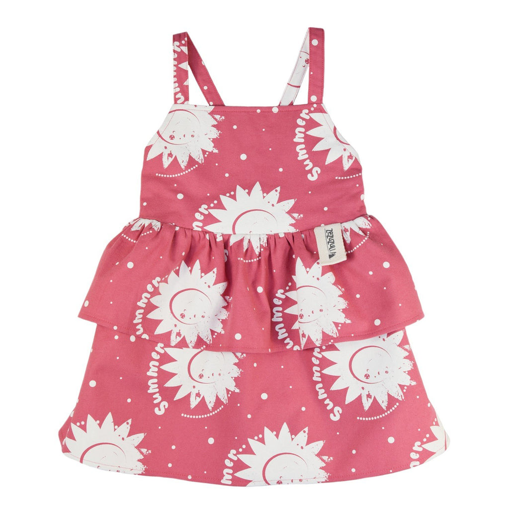 2. Pink children's dress with white sun prints and adjustable straps on a white background