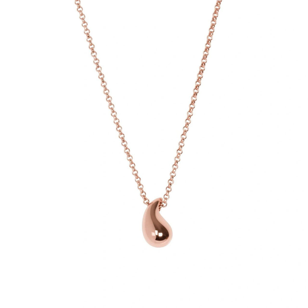 2. MyaMoon Droplet Necklace with high-polished teardrop pendant in rose gold plating, shown in studio setting